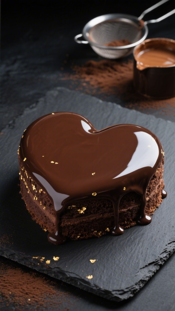 45-degree angle close-up of a Chocolate Mirror-Glazed Heart cake on a black slate: ultra-glossy, flawless mirror glaze made from heavy cream, water, granulated sugar, Dutch-process cocoa powder, and powdered gelatin draped over a chilled 8-inch heart chocolate cake layer; delicate edible gold flecks catching soft highlights; a drip line perfectly even, with a reflection visible on the glaze; minimal styling—only a fine-mesh sieve with cocoa dust traces and a small pot of warm glaze in the background; dramatic contrast lighting to emphasize sheen and depth.